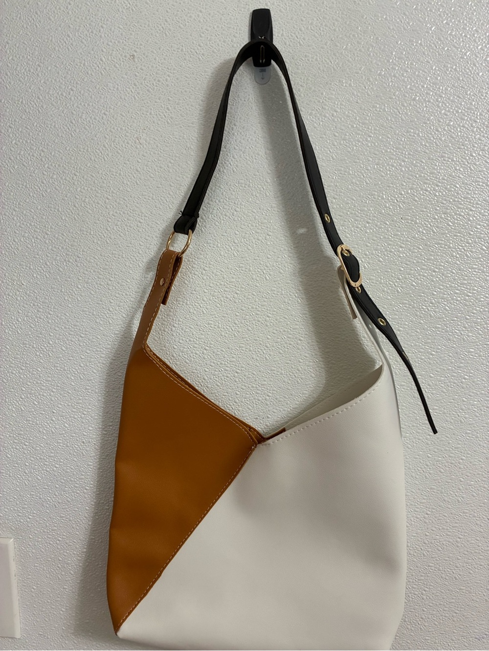 Two-Tone Cream and Tan Shoulder Bag with Black Strap